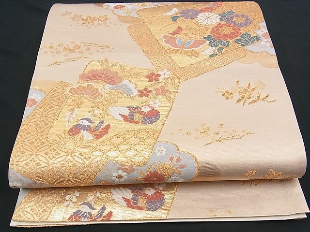 平和屋着物■六通柄袋帯 色紙吉祥鴛鴦花蝶文 金糸 逸品 n-yc2405
