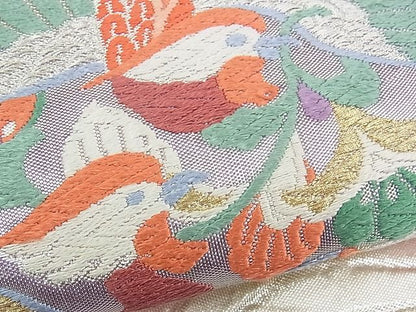 平和屋着物■佐賀錦 六通柄袋帯 唐織 花喰い鳥 向かい鶴丸文 金銀糸 逸品 n-yc2420