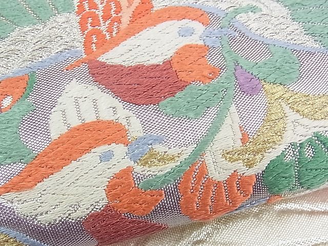 平和屋着物■佐賀錦 六通柄袋帯 唐織 花喰い鳥 向かい鶴丸文 金銀糸 逸品 n-yc2420