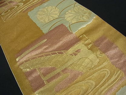 平和屋着物■六通柄袋帯 破れ色紙渡橋花文 金糸 逸品 yc4837