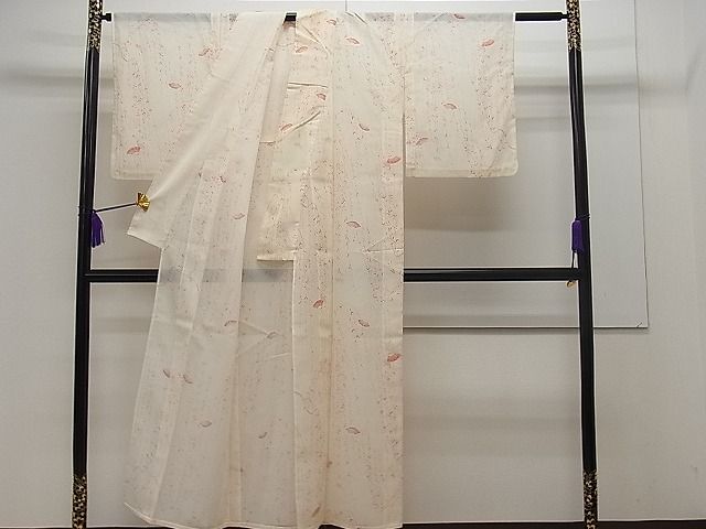 平和屋着物■夏物　小紋　絽　地紙枝葉文　洗える着物　yc9193