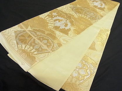 平和屋着物■六通柄袋帯 扇面鳳凰花文 金銀糸 正絹 逸品 A-yi1867