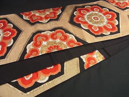 平和屋着物■六通柄袋帯 唐織 亀甲花文 黒地 金銀糸 逸品 yk0766