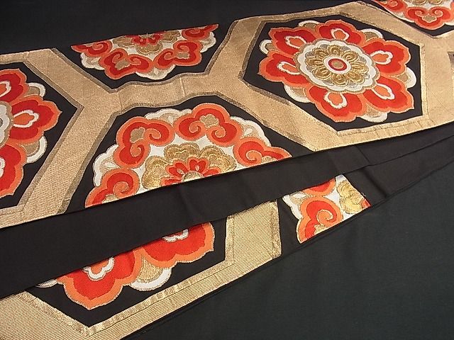 平和屋着物■六通柄袋帯 唐織 亀甲花文 黒地 金銀糸 逸品 yk0766