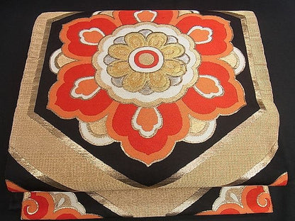 平和屋着物■六通柄袋帯 唐織 亀甲花文 黒地 金銀糸 逸品 yk0766
