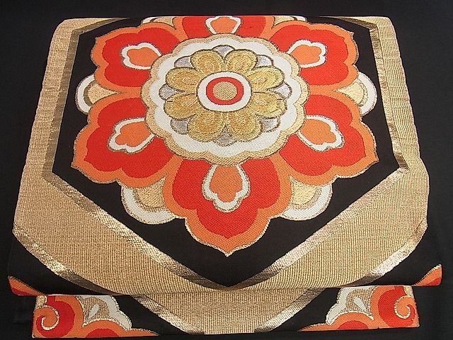 平和屋着物■六通柄袋帯 唐織 亀甲花文 黒地 金銀糸 逸品 yk0766