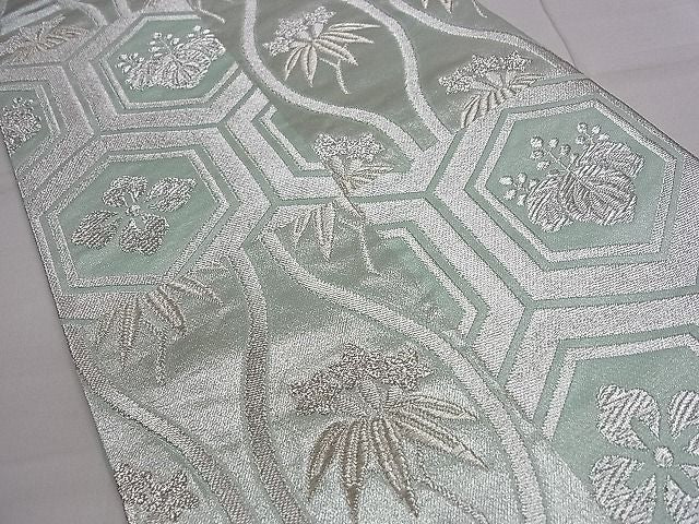 平和屋着物■六通柄袋帯 変わり市松亀甲立涌花文 銀糸 逸品 ze5643