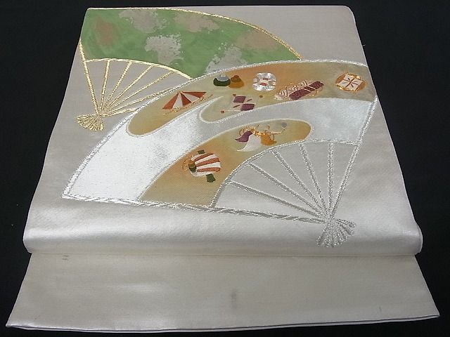平和屋着物■六通太鼓柄袋帯　駒刺繍　扇面宝尽くし　金銀糸　逸品　zy0516