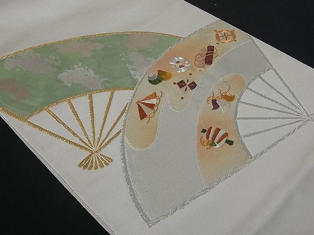 平和屋着物■六通太鼓柄袋帯　駒刺繍　扇面宝尽くし　金銀糸　逸品　zy0516