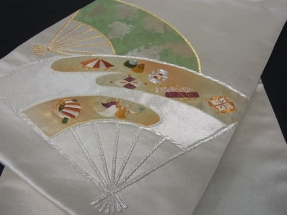 平和屋着物■六通太鼓柄袋帯　駒刺繍　扇面宝尽くし　金銀糸　逸品　zy0516