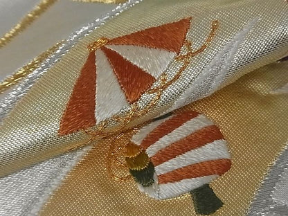 平和屋着物■六通太鼓柄袋帯　駒刺繍　扇面宝尽くし　金銀糸　逸品　zy0516