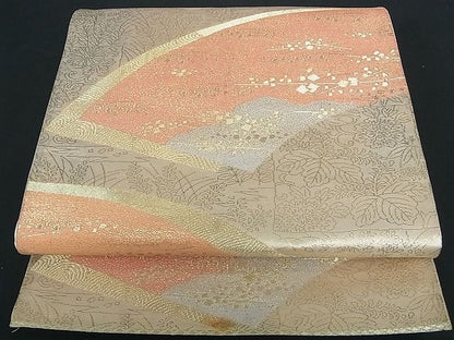 平和屋着物■六通柄袋帯 地紙重ね草花文 金糸 逸品 zy0707