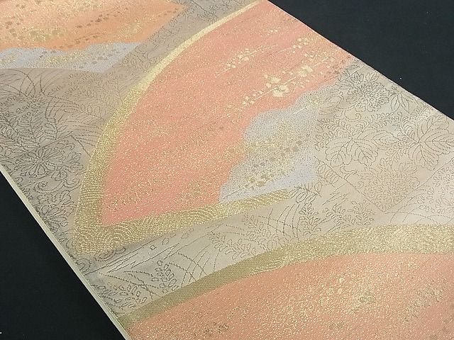 平和屋着物■六通柄袋帯 地紙重ね草花文 金糸 逸品 zy0707